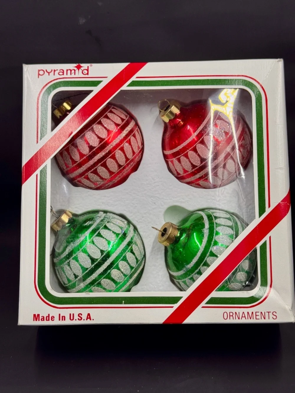 Vintage Set of Four Rauch Red and Green iridescent accents Christmas Ornaments
